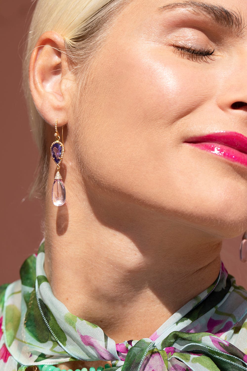 IRENE NEUWIRTH JEWELRY-Tanzanite and Kunzite Drop Earrings-ROSE GOLD