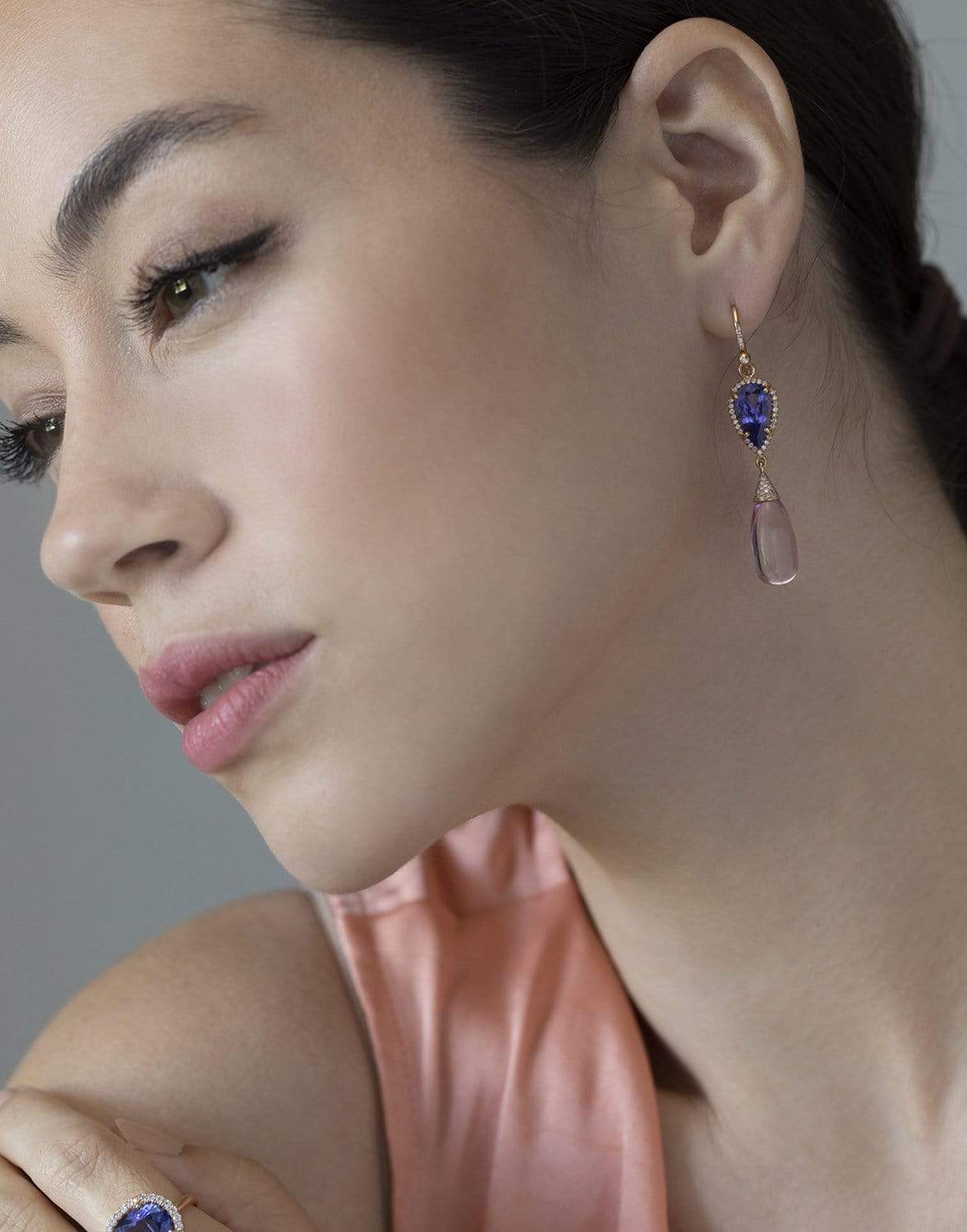 IRENE NEUWIRTH JEWELRY-Tanzanite and Kunzite Drop Earrings-ROSE GOLD