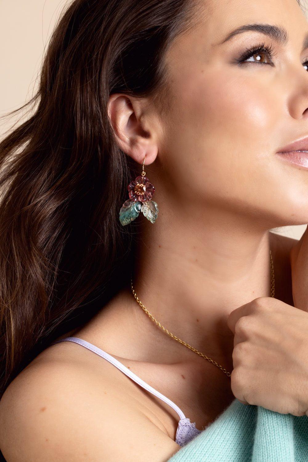 IRENE NEUWIRTH JEWELRY-Tourmaline Flower Leaf Earrings-ROSE GOLD