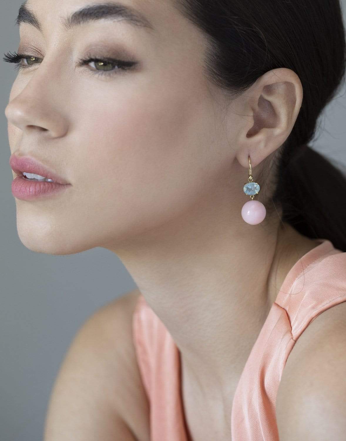 IRENE NEUWIRTH JEWELRY-Aquamarine and Pink Opal Drop Earrings-YELLOW GOLD