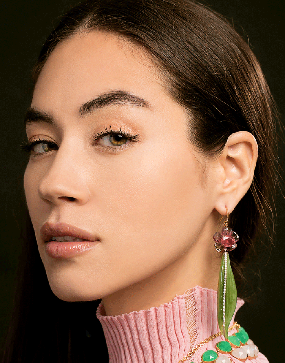 IRENE NEUWIRTH JEWELRY-Carved Tourmaline Flower and Nephrite Leaf Earrings-YELLOW GOLD