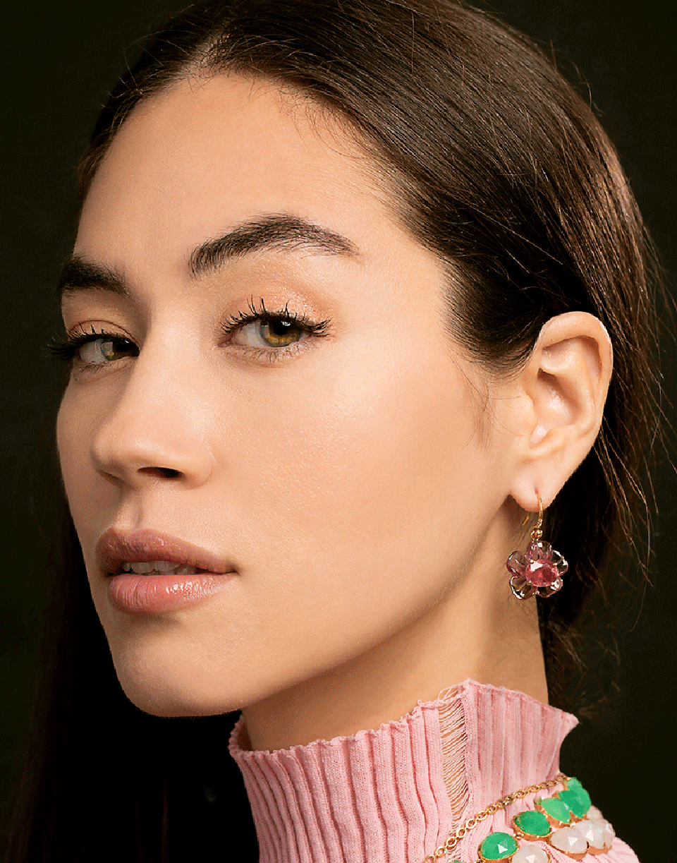 IRENE NEUWIRTH JEWELRY-Carved Tourmaline Flower and Nephrite Leaf Earrings-YELLOW GOLD