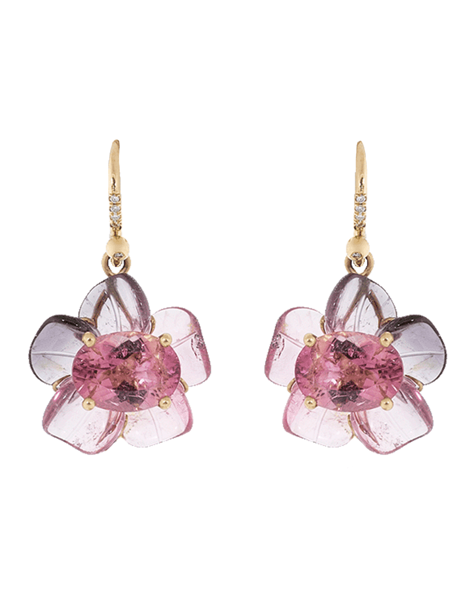 IRENE NEUWIRTH JEWELRY-Carved Tourmaline Flower and Nephrite Leaf Earrings-YELLOW GOLD