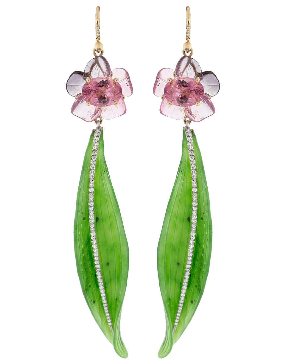 IRENE NEUWIRTH JEWELRY-Carved Tourmaline Flower and Nephrite Leaf Earrings-YELLOW GOLD