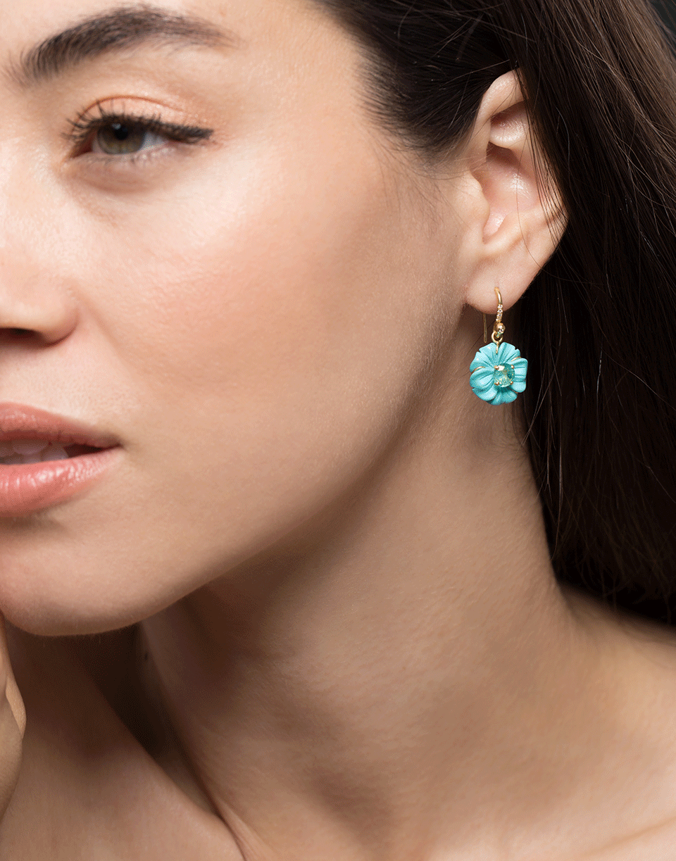 IRENE NEUWIRTH JEWELRY-Carved Turquoise Flower Drop Earrings-YELLOW GOLD