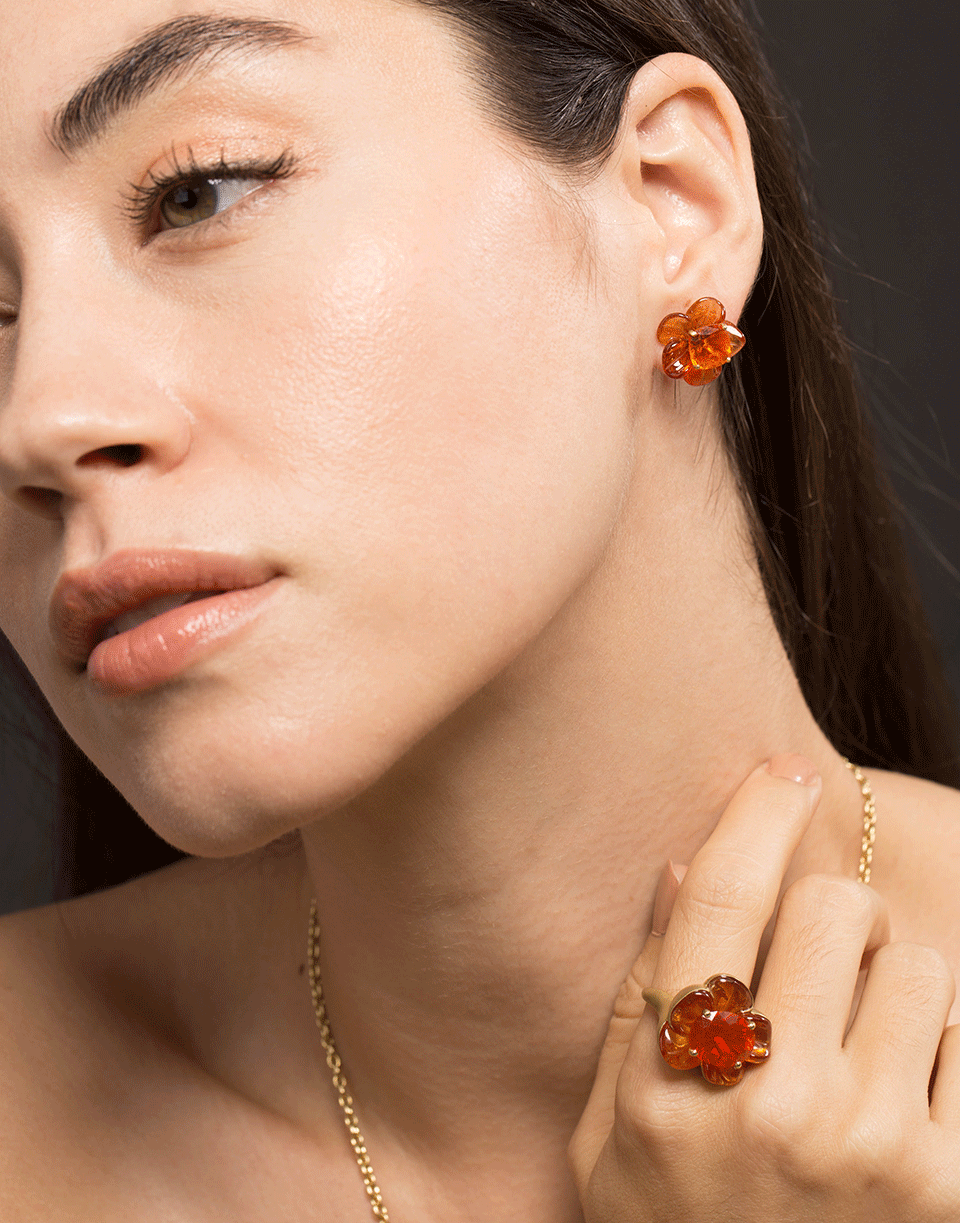 IRENE NEUWIRTH JEWELRY-Fire Opal Mandarin Garnet Carved Flower Earrings-YELLOW GOLD