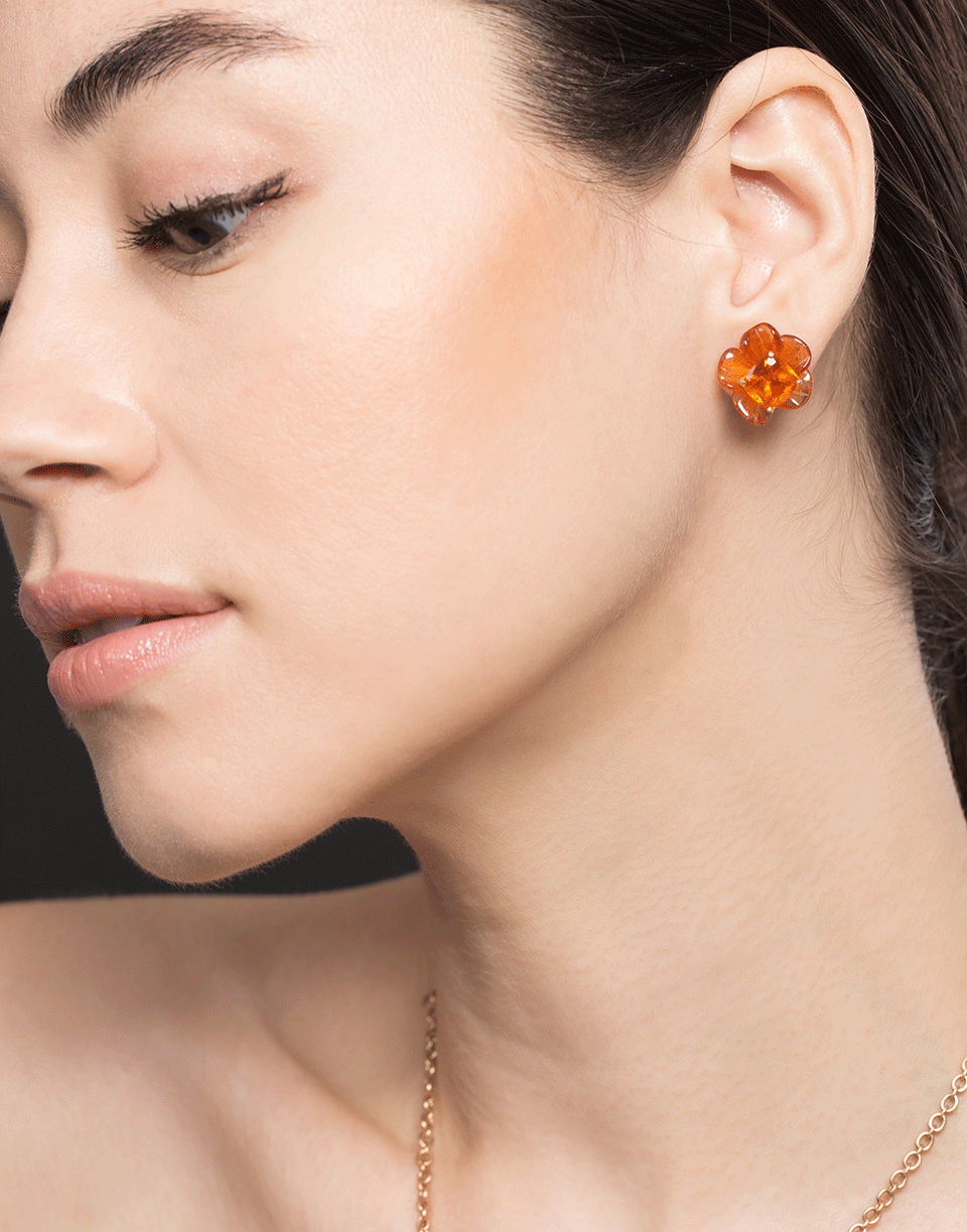 IRENE NEUWIRTH JEWELRY-Fire Opal Mandarin Garnet Carved Flower Earrings-YELLOW GOLD