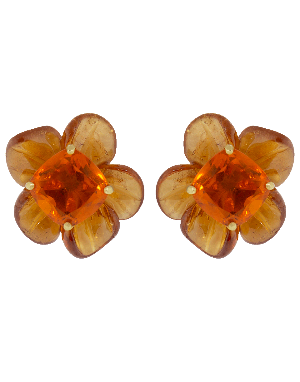 IRENE NEUWIRTH JEWELRY-Fire Opal Mandarin Garnet Carved Flower Earrings-YELLOW GOLD