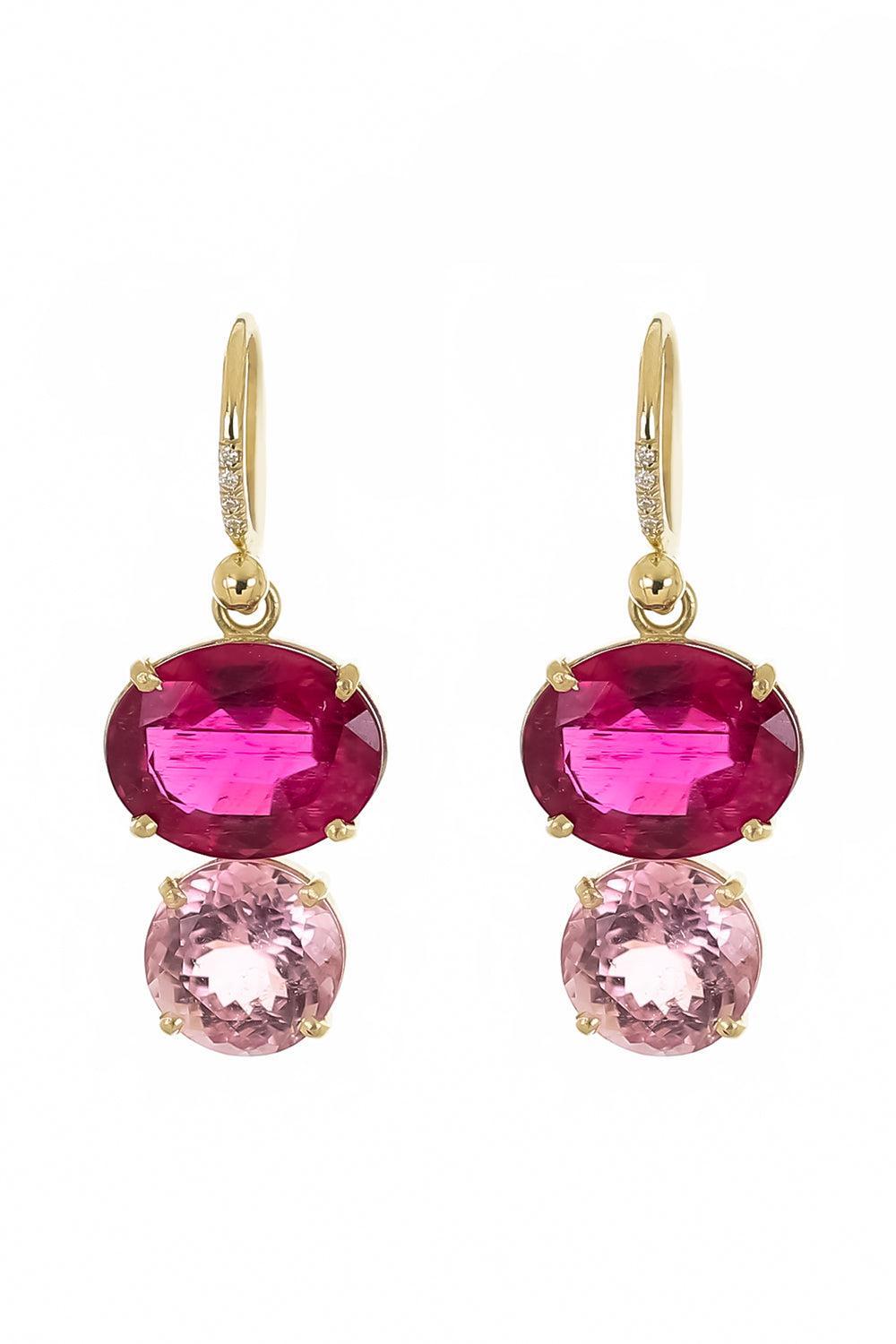 Rubellite Tourmaline Diamond Gemmy Gem Earrings-YELLOW GOLD-JEWELRYFINE JEWELEARRING-IRENE NEUWIRTH JEWELRY