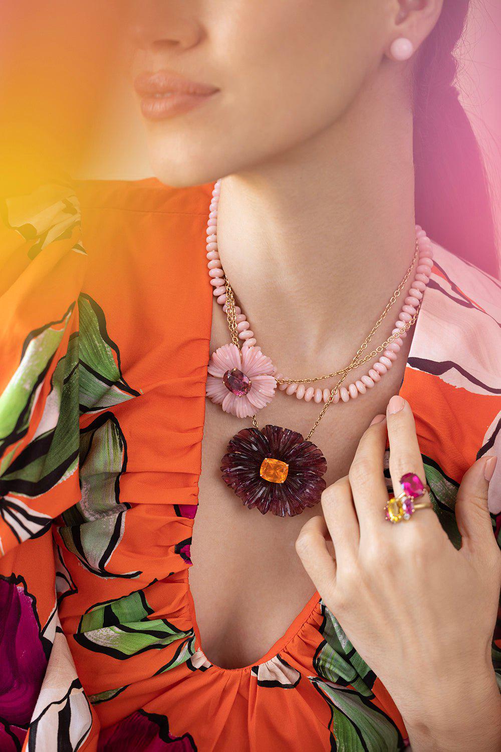 IRENE NEUWIRTH JEWELRY-Carved Pink Tourmaline Tropical Flower Necklace-ROSE GOLD