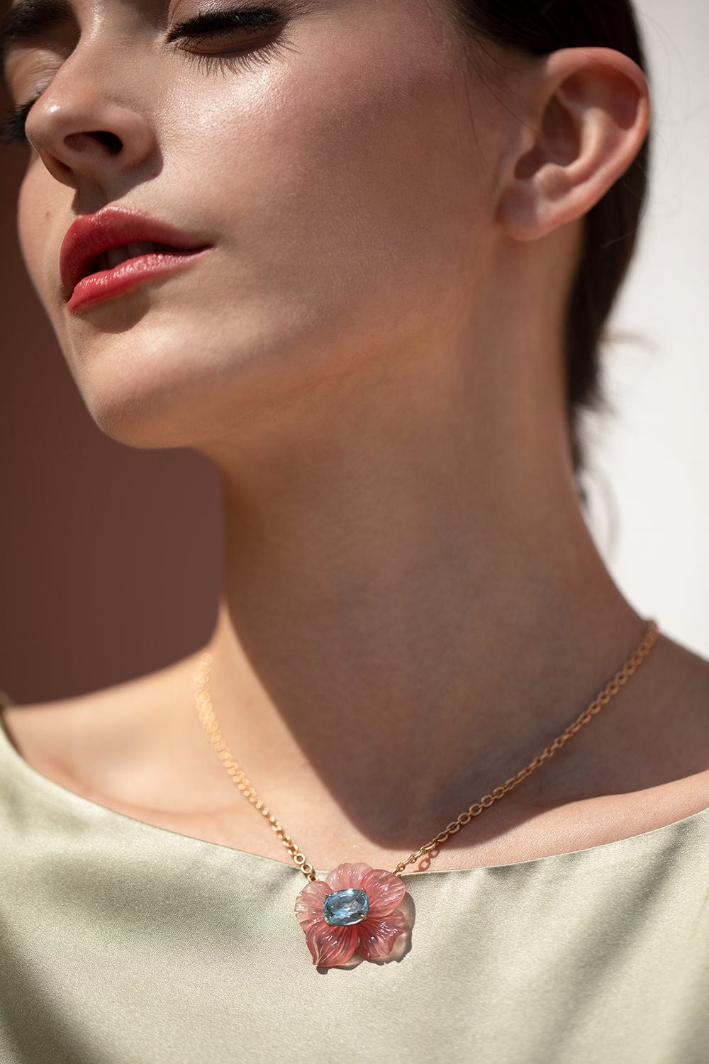 IRENE NEUWIRTH JEWELRY-Pink Tourmaline and Aquamarine Tropical Flower Necklace-ROSE GOLD