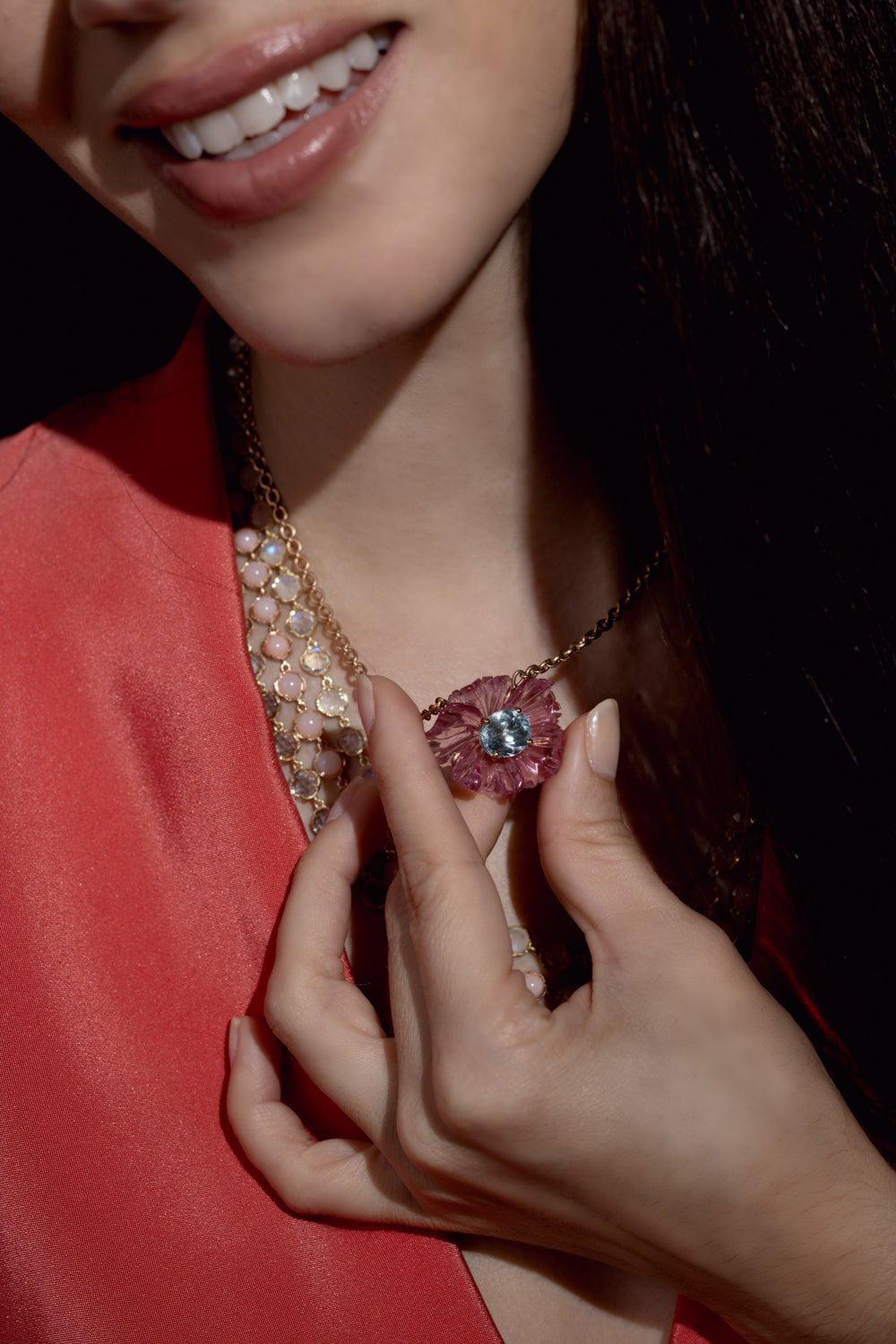 IRENE NEUWIRTH JEWELRY-Tourmaline Aquamarine Tropical Flower Necklace-ROSE GOLD