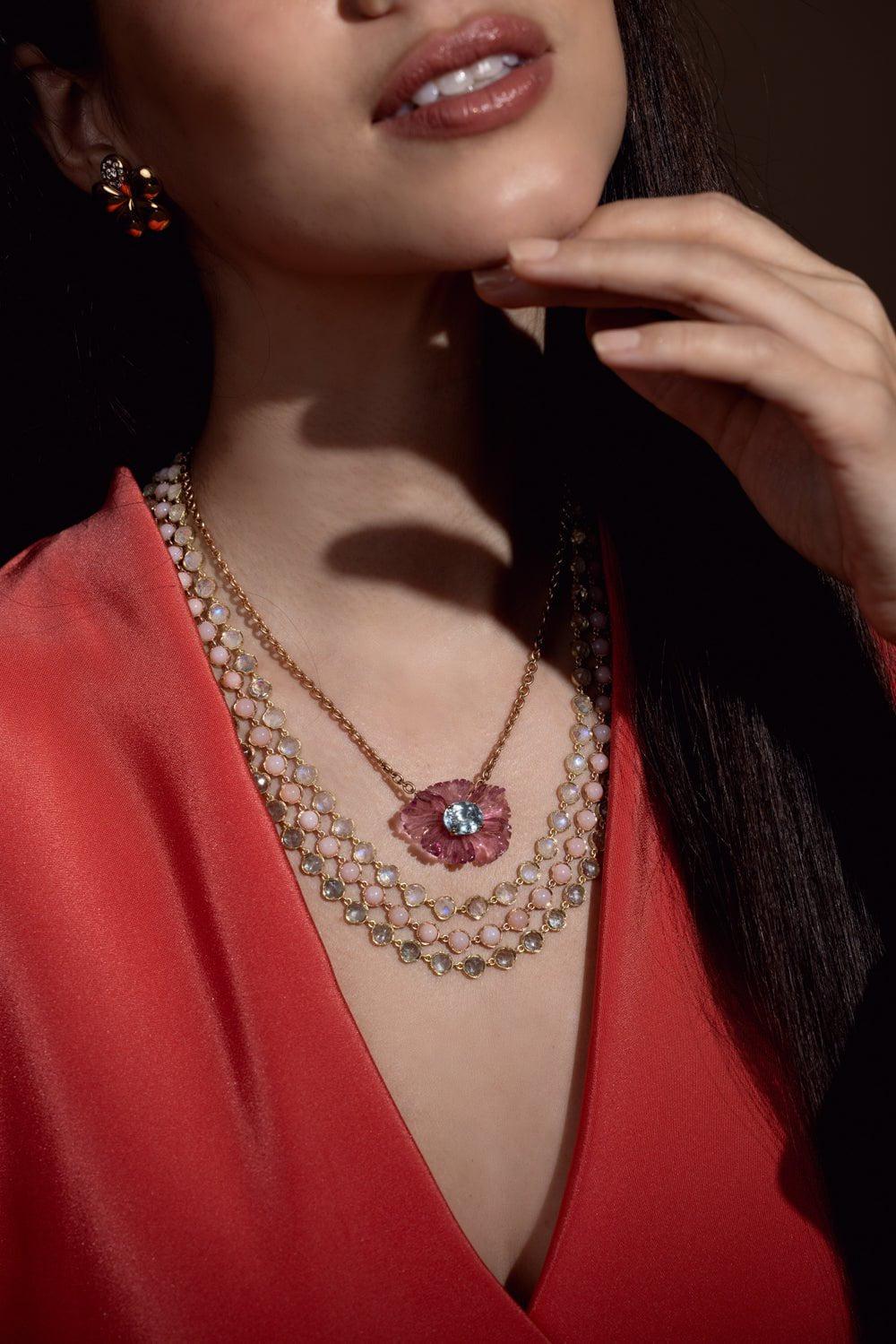IRENE NEUWIRTH JEWELRY-Tourmaline Aquamarine Tropical Flower Necklace-ROSE GOLD