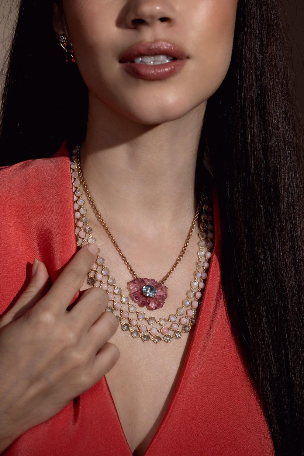 IRENE NEUWIRTH JEWELRY-Tourmaline Aquamarine Tropical Flower Necklace-ROSE GOLD