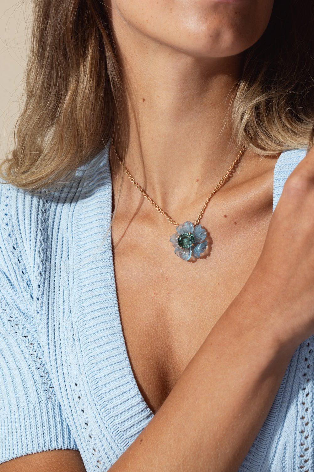 IRENE NEUWIRTH JEWELRY-Tropical Flower Aquamarine Indicolite Necklace-ROSE GOLD
