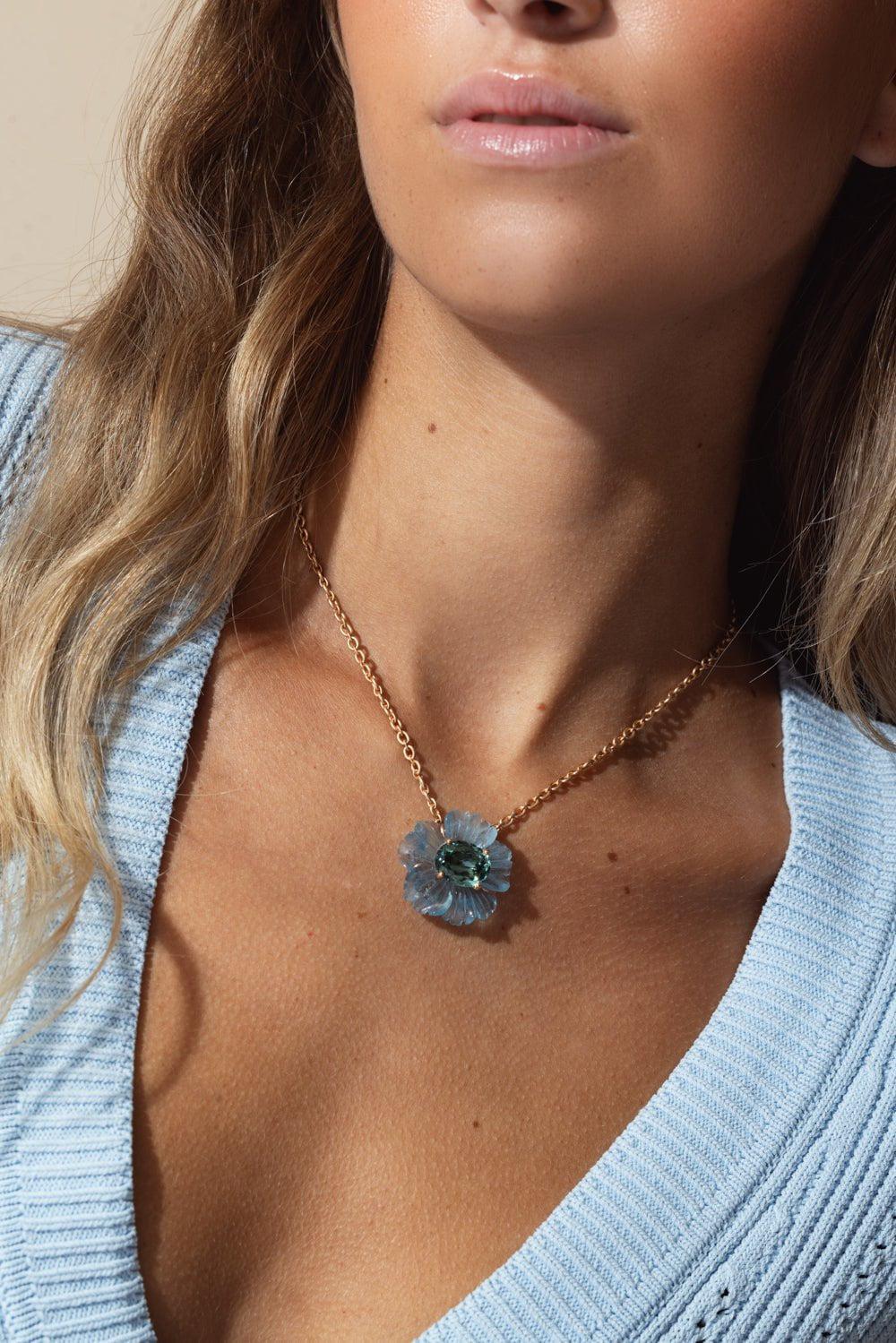 IRENE NEUWIRTH JEWELRY-Tropical Flower Aquamarine Indicolite Necklace-ROSE GOLD