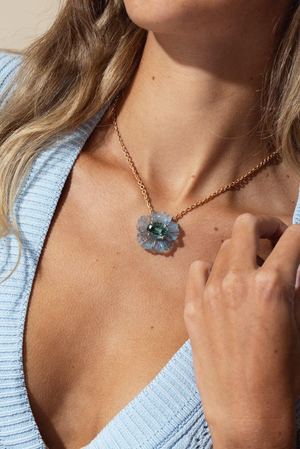 IRENE NEUWIRTH JEWELRY-Tropical Flower Aquamarine Indicolite Necklace-ROSE GOLD