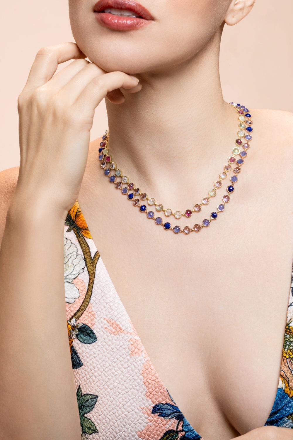 Prehnite Pink Tourmaline Small Classic Link Necklace-YELLOW GOLD-16-JEWELRYFINE JEWELNECKLACE O-IRENE NEUWIRTH JEWELRY