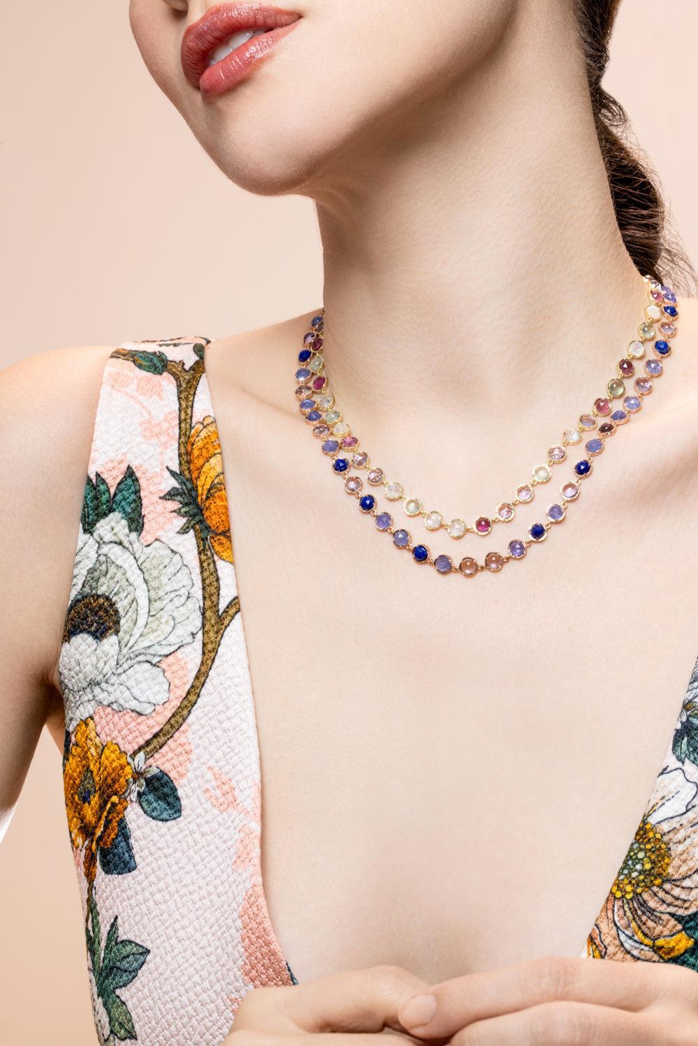 Prehnite Pink Tourmaline Small Classic Link Necklace-YELLOW GOLD-16-JEWELRYFINE JEWELNECKLACE O-IRENE NEUWIRTH JEWELRY