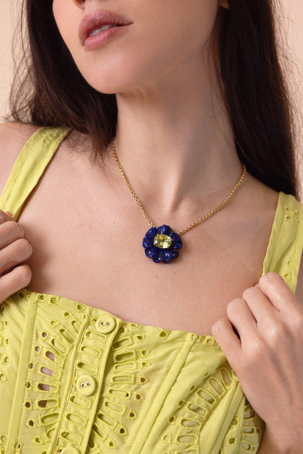 IRENE NEUWIRTH JEWELRY-Carved Lapis Tropical Flower Necklace-YELLOW GOLD