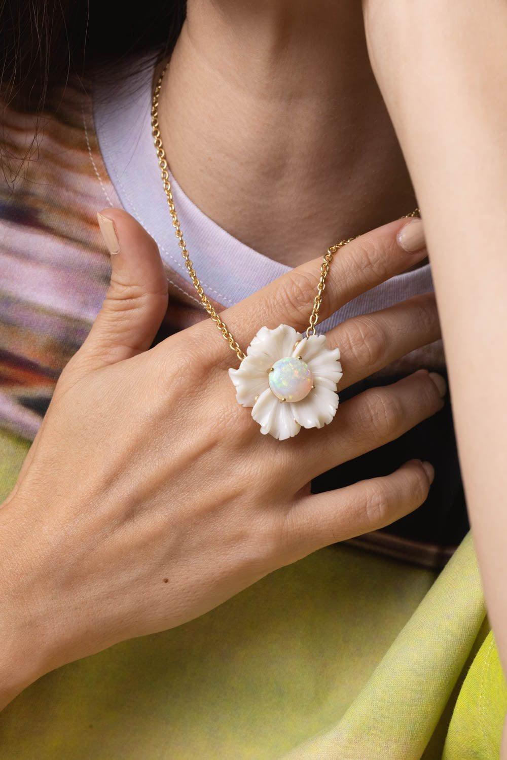 IRENE NEUWIRTH JEWELRY-Carved Opal Tropical Flower Necklace-YELLOW GOLD