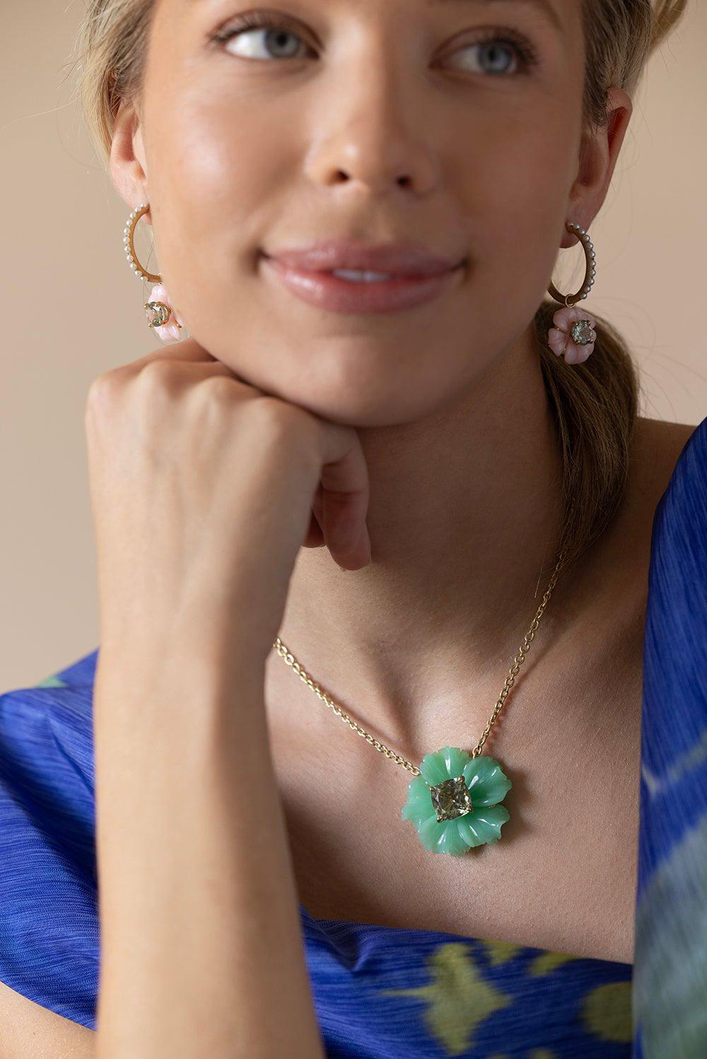 IRENE NEUWIRTH JEWELRY-Chrysoprase Tropical Flower Necklace-YELLOW GOLD