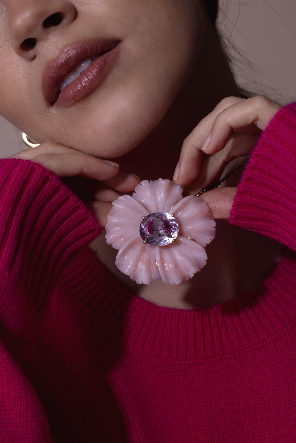 IRENE NEUWIRTH JEWELRY-Opal Kunzite Flower Necklace-YELLOW GOLD