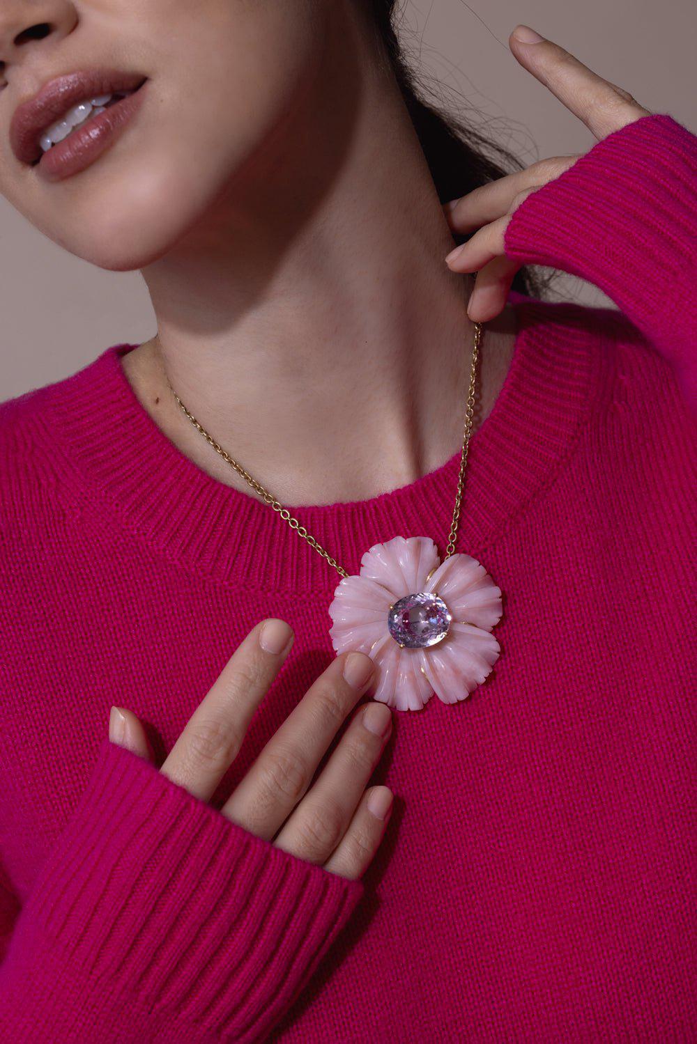 IRENE NEUWIRTH JEWELRY-Opal Kunzite Flower Necklace-YELLOW GOLD