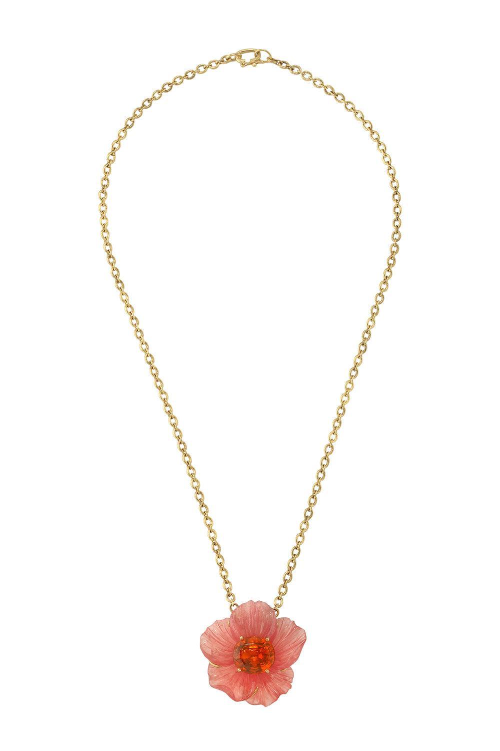 Rhodochrosite Fire Opal Tropical Flower Necklace-YELLOW GOLD-JEWELRYFINE JEWELNECKLACE O-IRENE NEUWIRTH JEWELRY