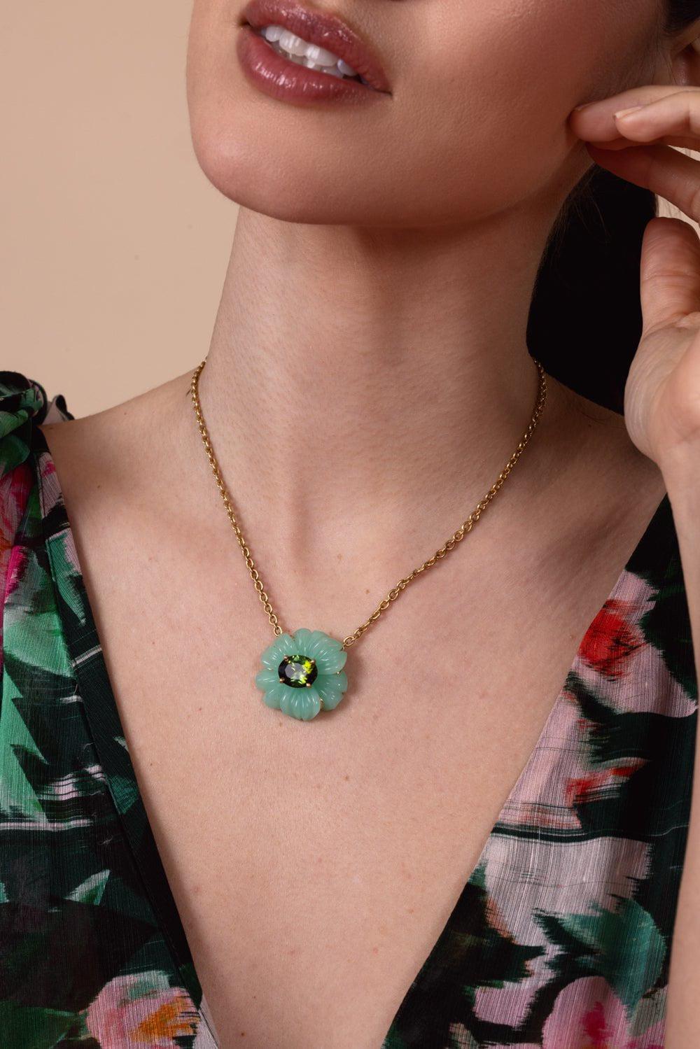IRENE NEUWIRTH JEWELRY-Tropical Flower Chrysoprase Tourmaline Necklace-YELLOW GOLD