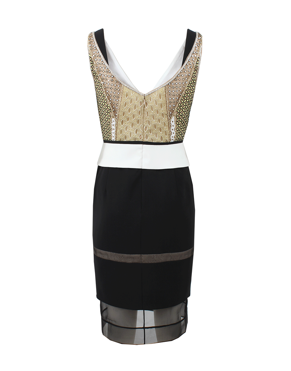 J MENDEL-Graphic Embroidered V-Neck Fitted Dress-MULTI