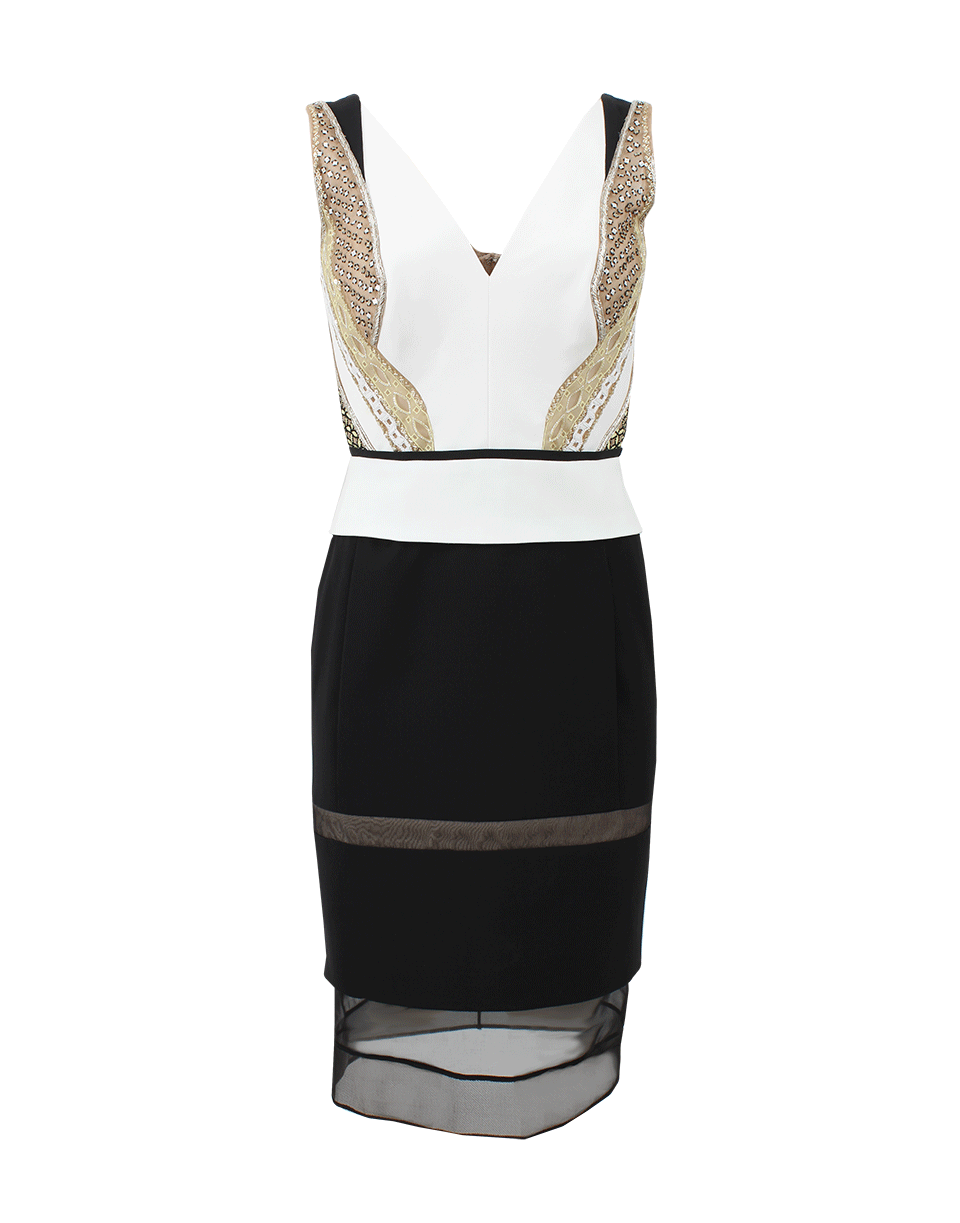 J MENDEL-Graphic Embroidered V-Neck Fitted Dress-MULTI