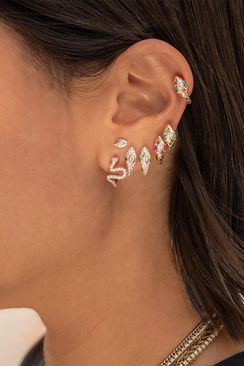 JACQUIE AICHE-Emerald Diamond Snake Mini Hoop Earrings-ROSE GOLD