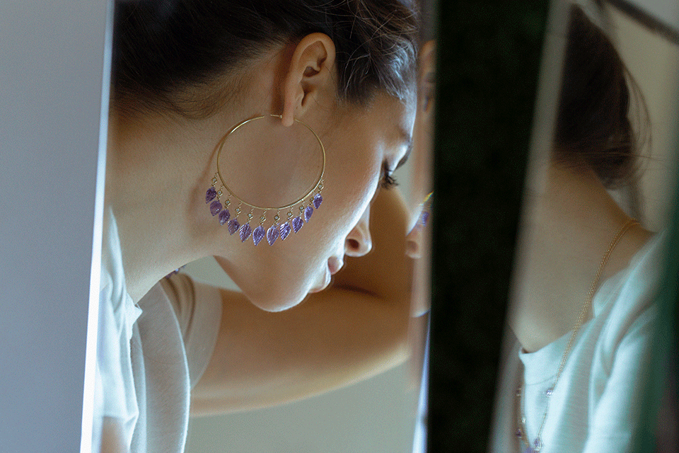 JACQUIE AICHE-Iolite Leaf and Diamond Shaker Hoops-ROSE GOLD