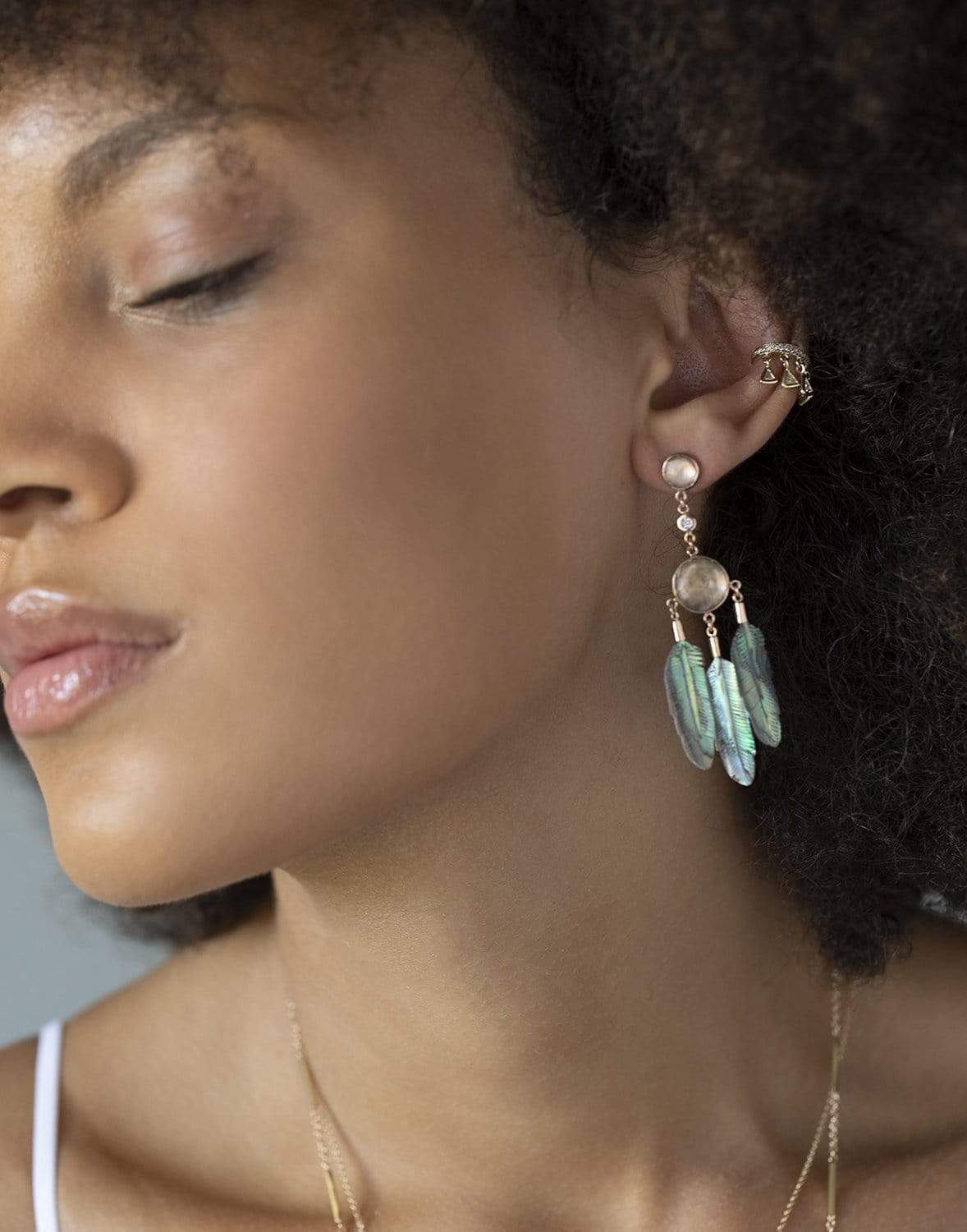 JACQUIE AICHE-Moonstone Feather Drop Earrings-ROSE GOLD