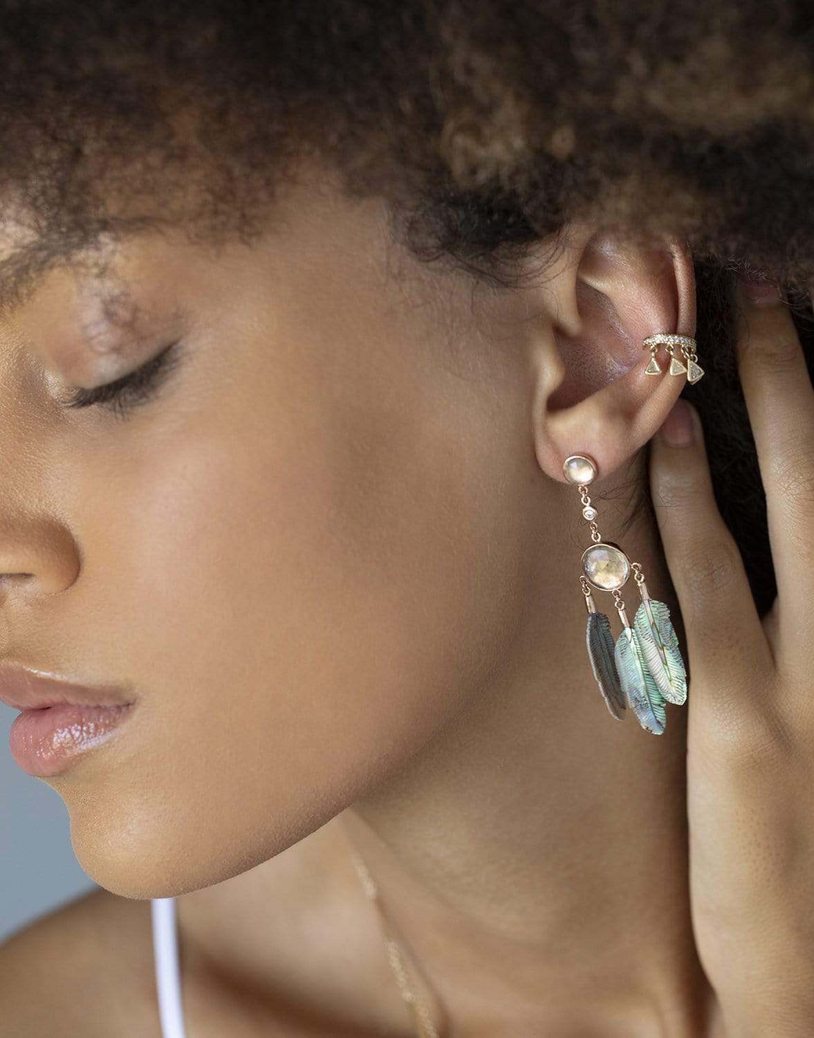 JACQUIE AICHE-Moonstone Feather Drop Earrings-ROSE GOLD