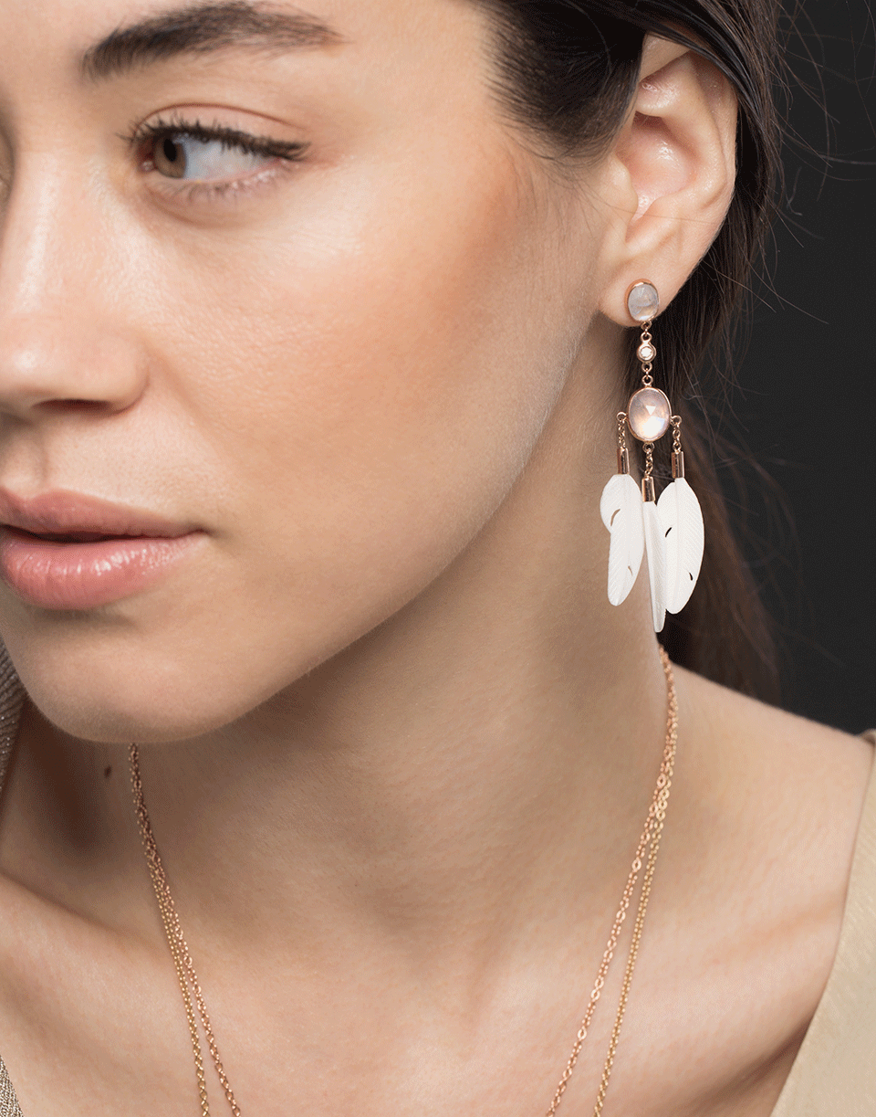 JACQUIE AICHE-White Bone and Moonstone Feather Earrings-ROSE GOLD