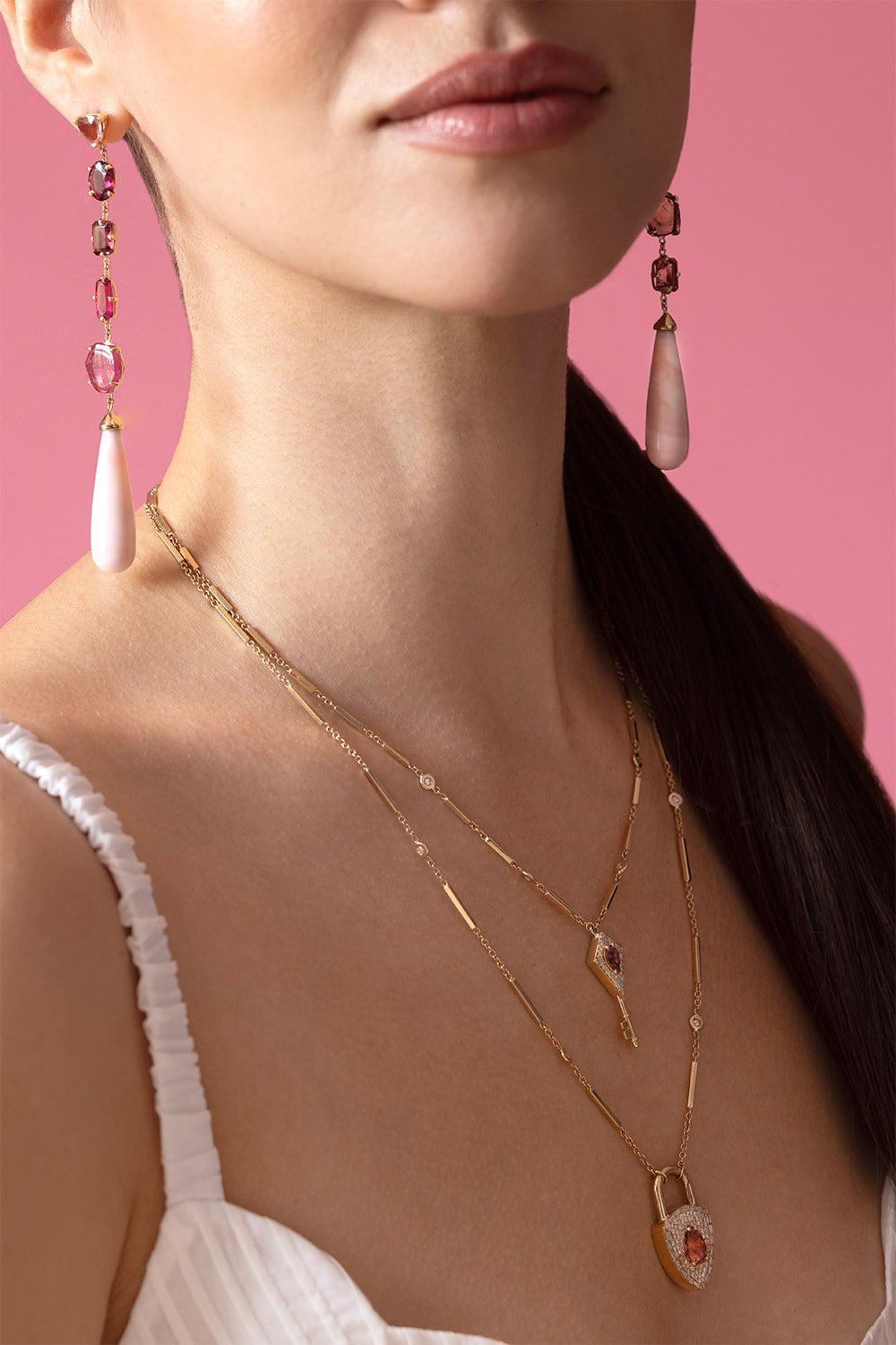 JACQUIE AICHE-Five Prong Pink Droplet Stud Earrings-YELLOW GOLD