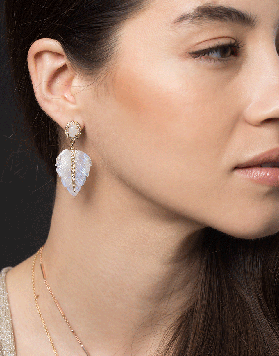 JACQUIE AICHE-Moonstone Feather Drop Earrings-YELLOW GOLD