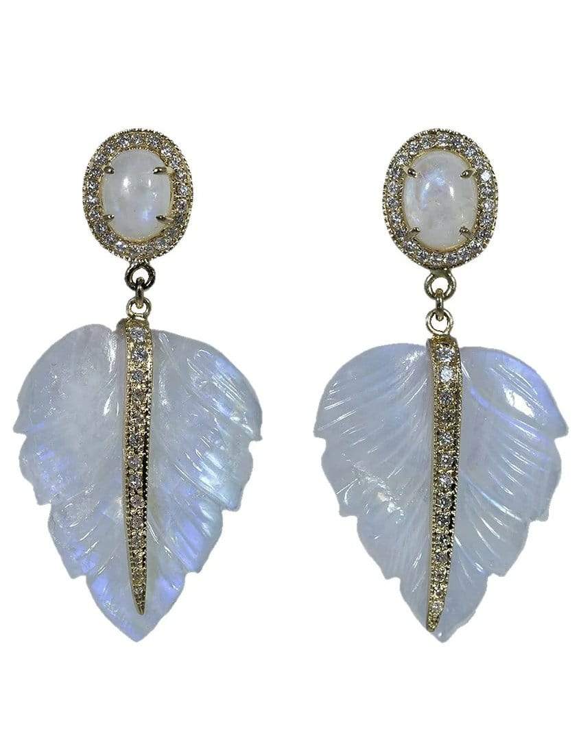 JACQUIE AICHE-Moonstone Feather Drop Earrings-YELLOW GOLD