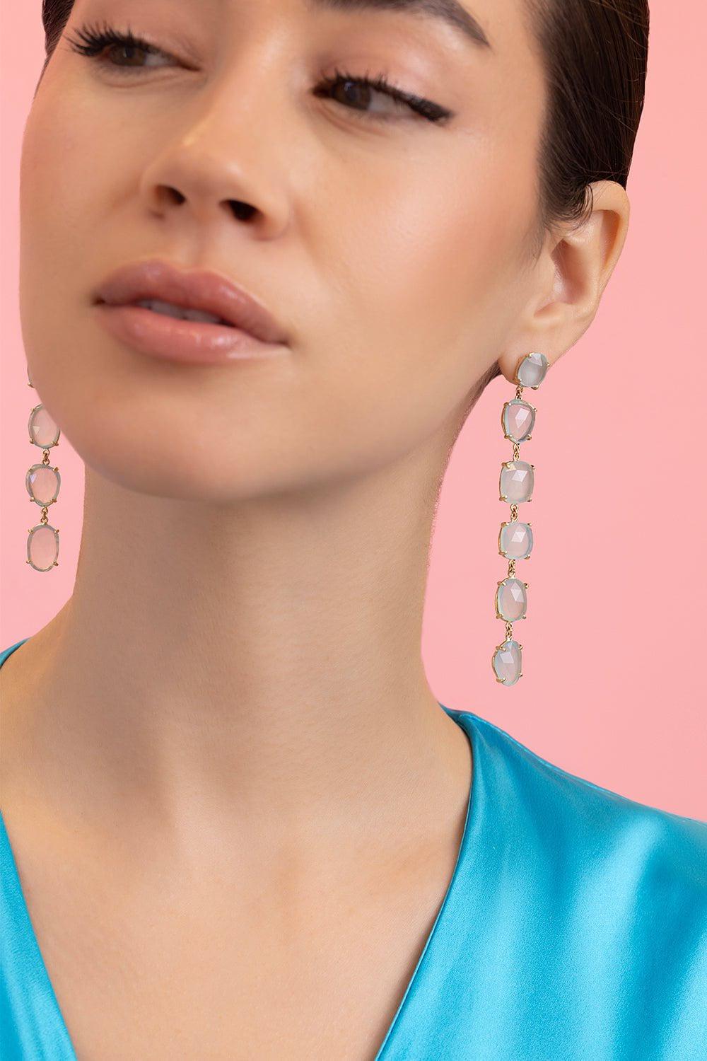 JACQUIE AICHE-Small Freeform Slice Chalcedony Earrings-YELLOW GOLD