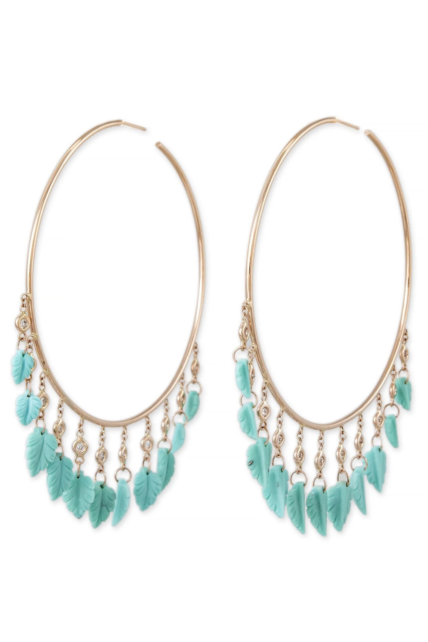 JACQUIE AICHE-Turquoise Leaf Shaker Hoops-YELLOW GOLD