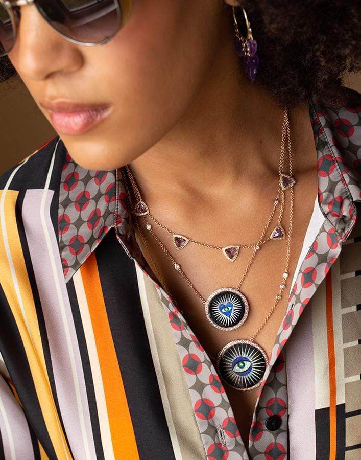JACQUIE AICHE-Onyx and Lapis Inlay Heart Necklace-ROSE GOLD