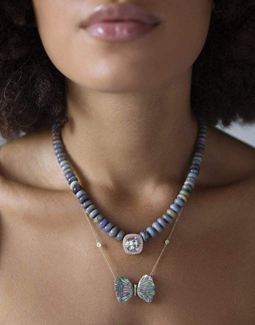 JACQUIE AICHE-Opal Beaded Necklace with Aquamarine & Diamond Pendant-ROSE GOLD