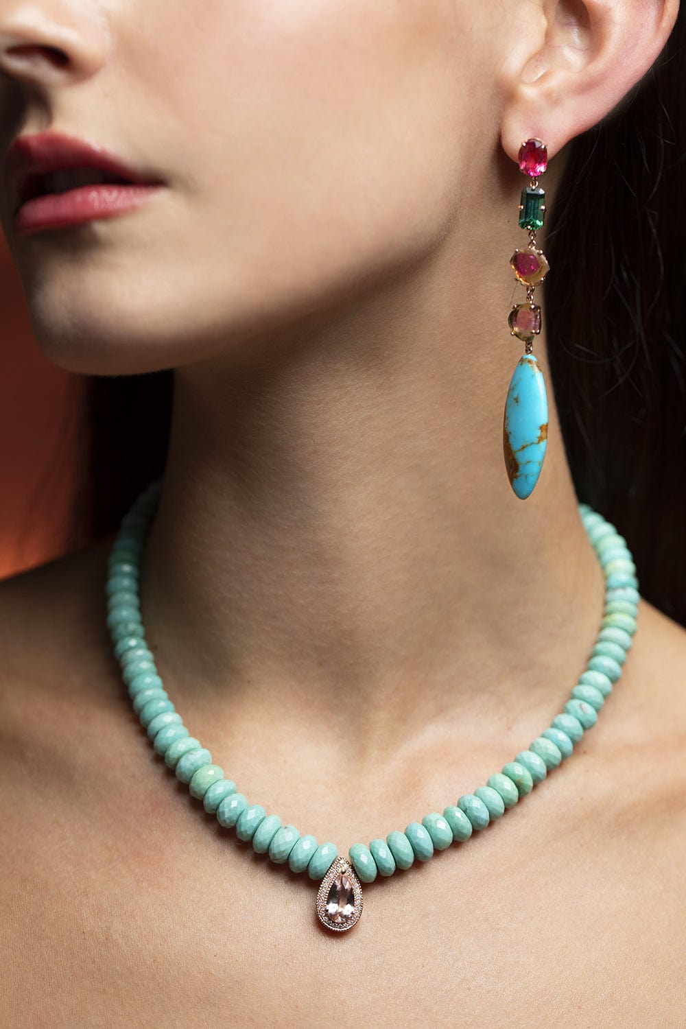 JACQUIE AICHE-Teardrop Morganite and Turquoise Bead Necklace-ROSE GOLD