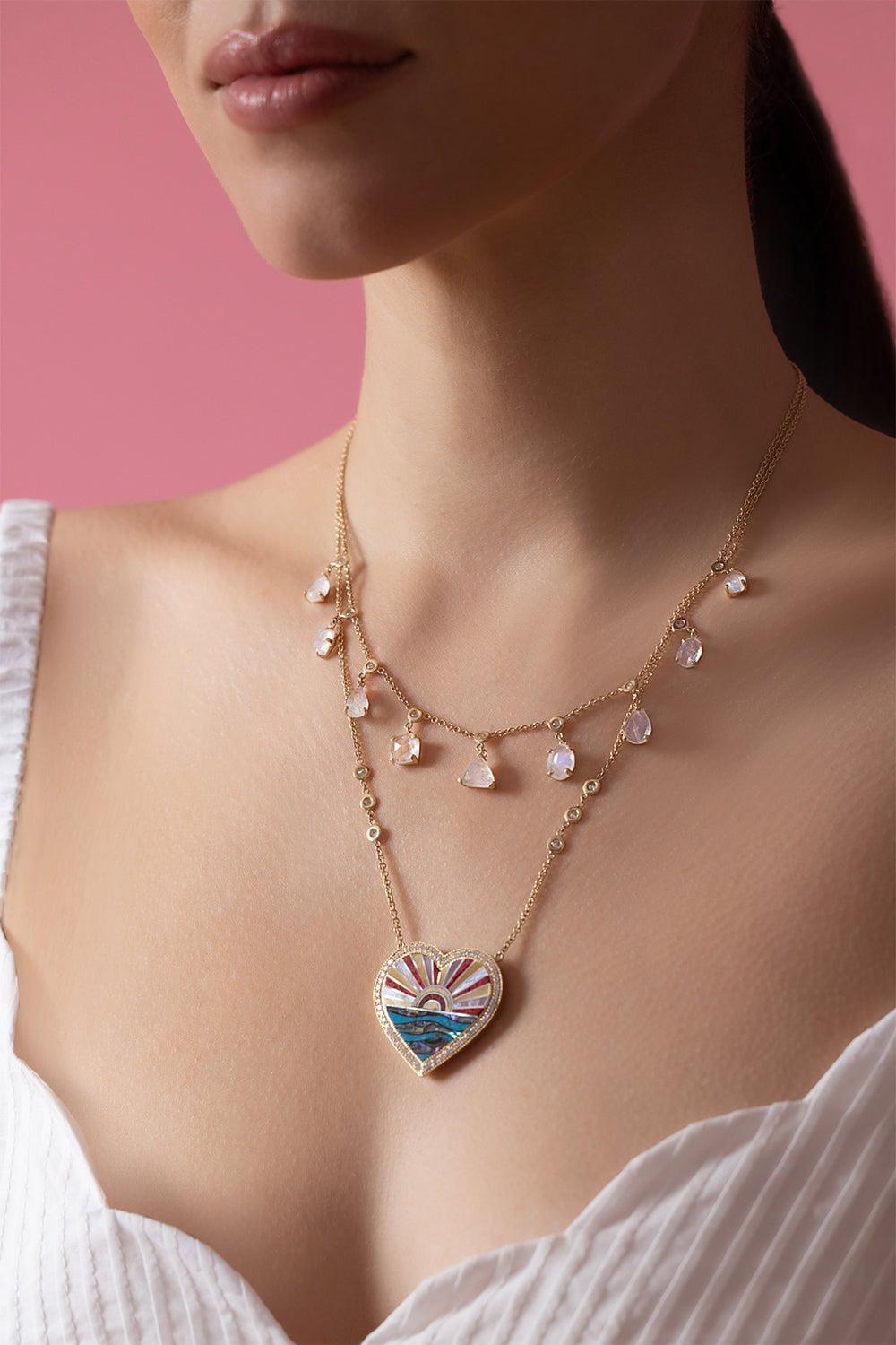 JACQUIE AICHE-Diamond Jasper Pearl Heart Necklace-YELLOW GOLD