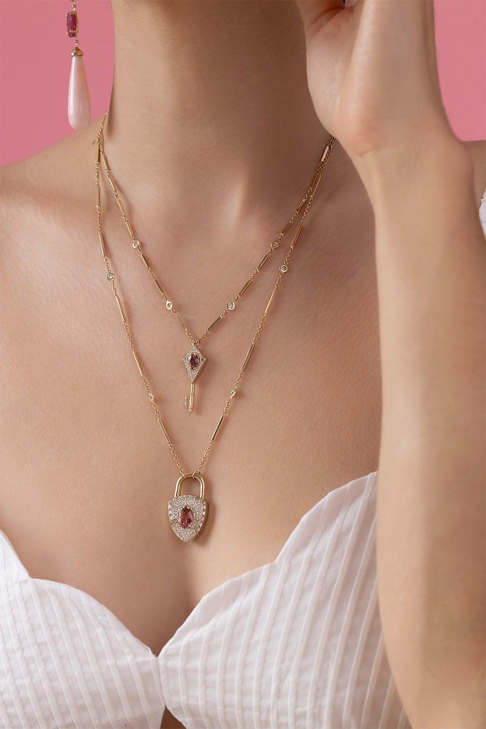 JACQUIE AICHE-Pink Tourmaline Diamond Key Pendant Necklace-YELLOW GOLD