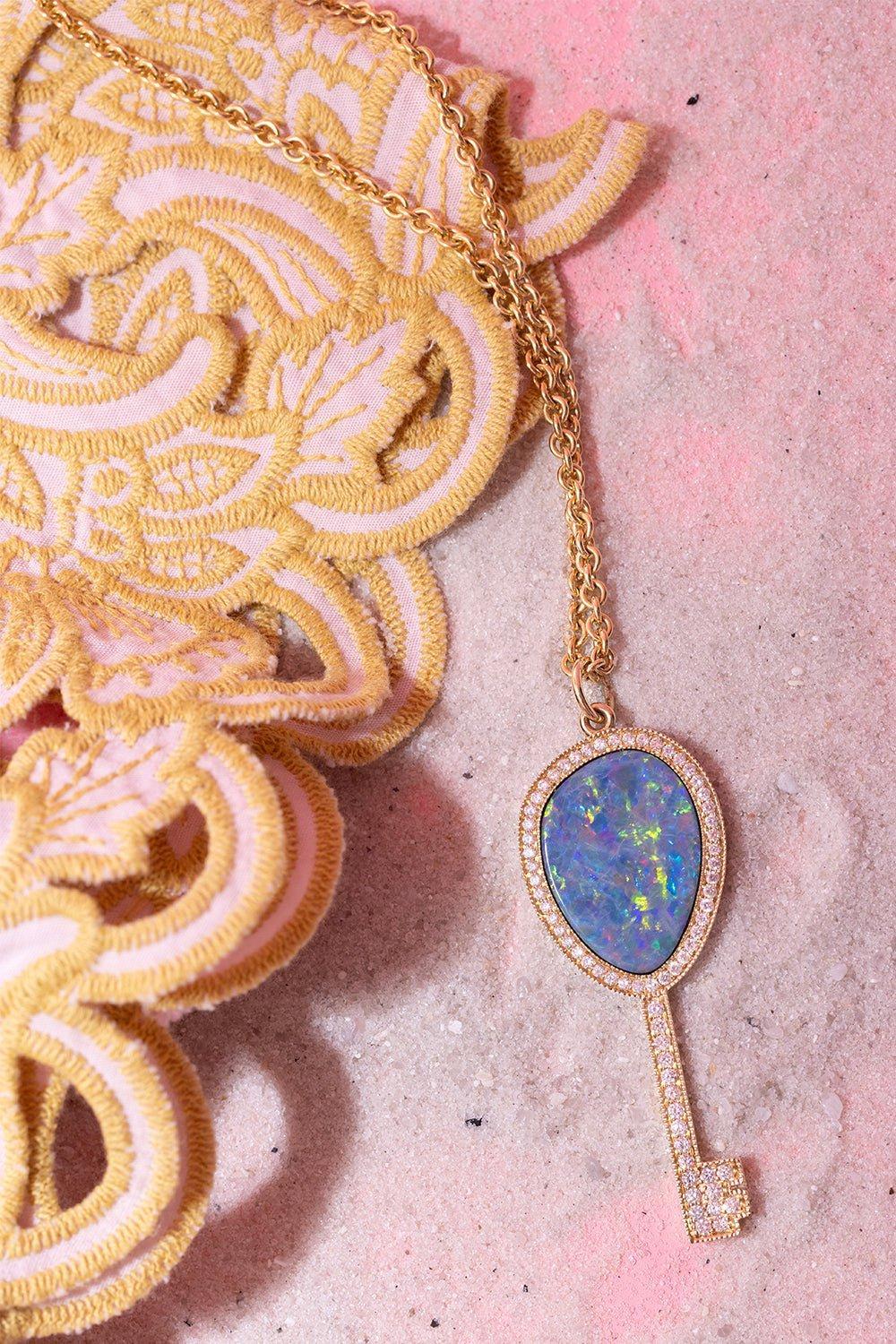 JACQUIE AICHE-Australian Opal Diamond Key Charm-YELLOW GOLD