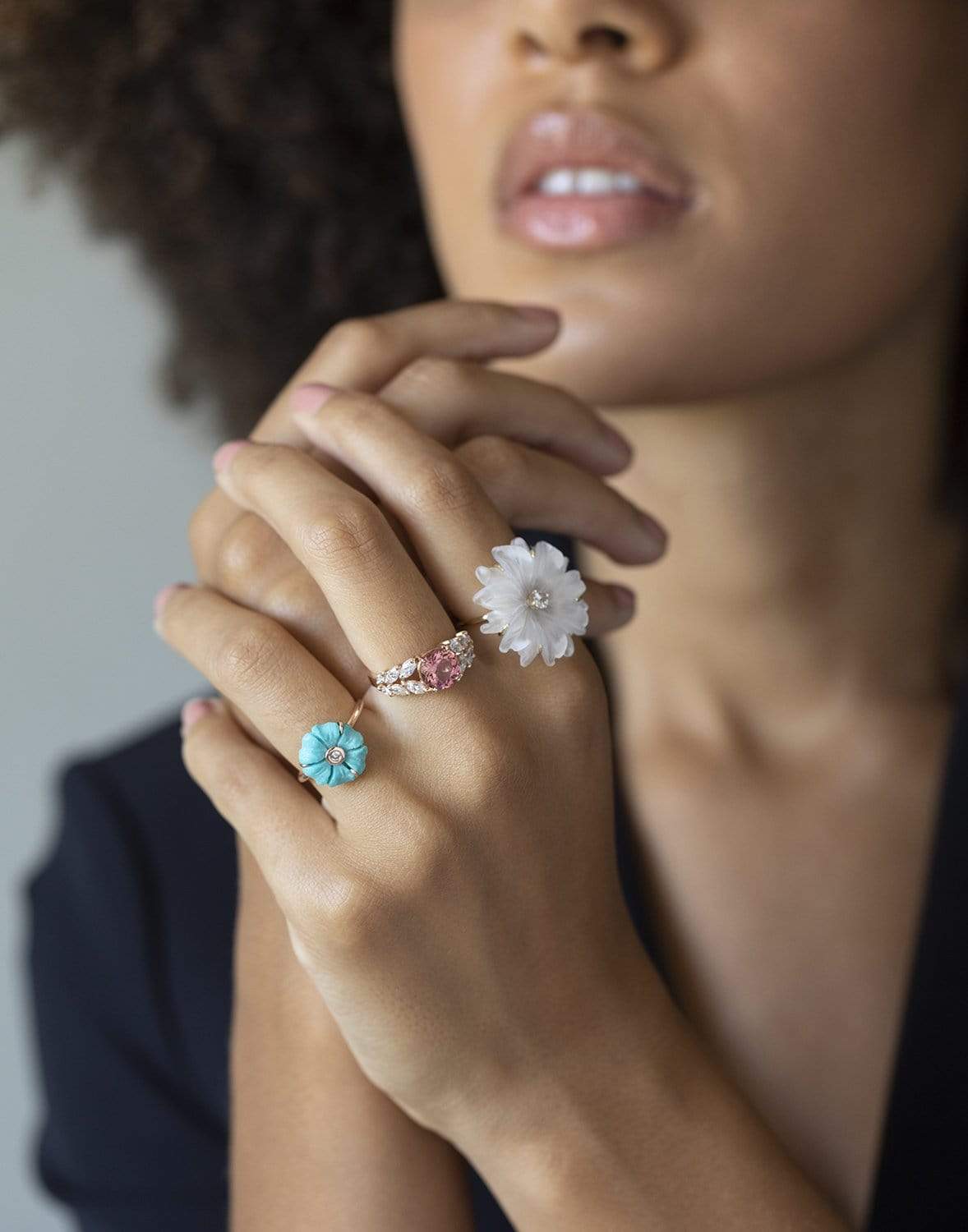 JACQUIE AICHE-Small Carved Turquoise & Diamond Flower Ring-ROSE GOLD