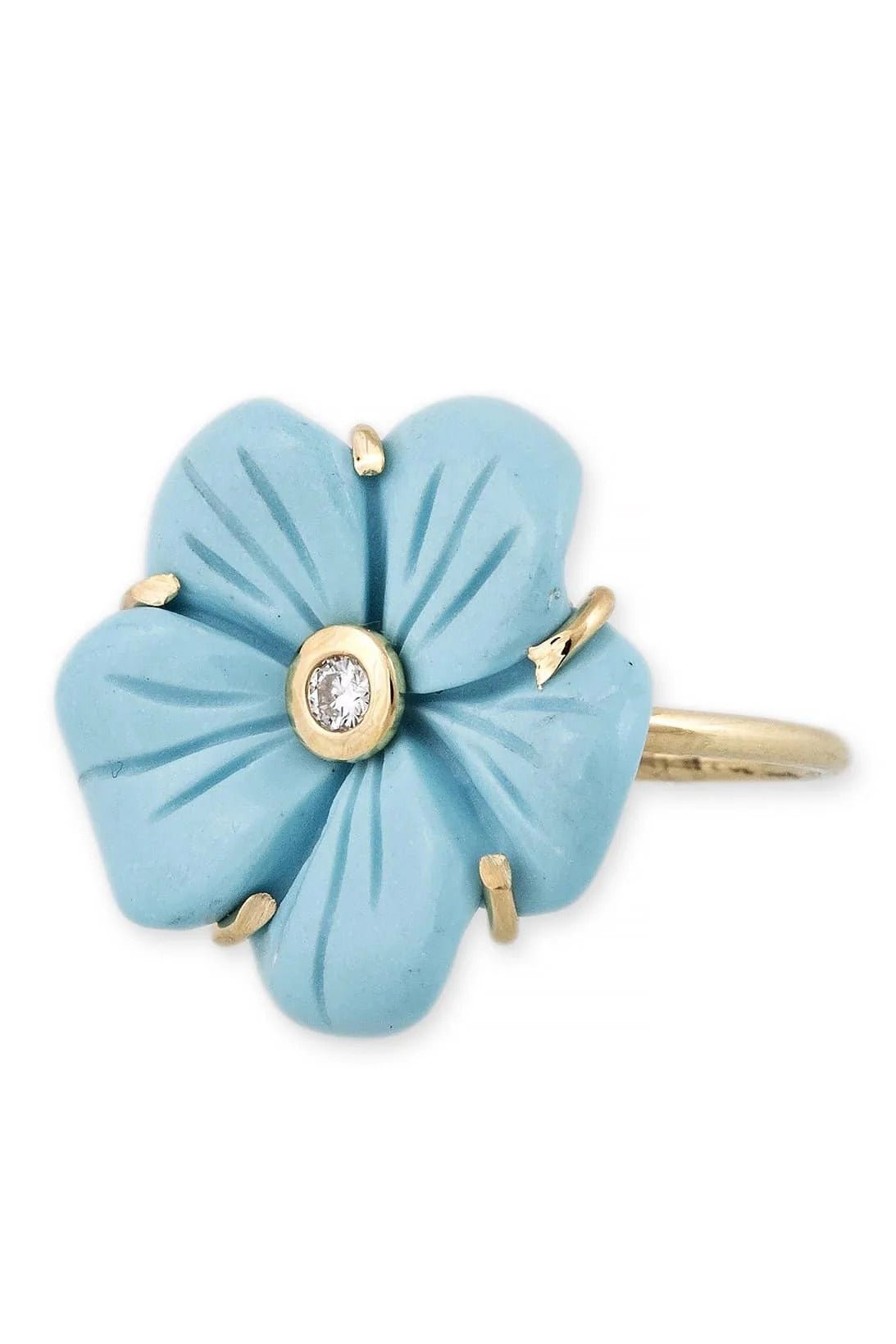 JACQUIE AICHE-Small Carved Turquoise & Diamond Flower Ring-ROSE GOLD